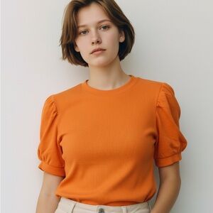 Vince Camuto Ribbed Puff Sleeve Top – Tangerine (Size L, EUC)